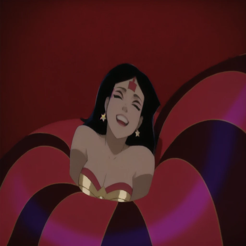 un gros plan d'une femme en costume avec une robe rayée rouge et bleue, dans la ligue de la justice, Wonder Woman, la déesse Héra a l'air en colère, capture d'écran de l'animation, capture d'écran, la déesse Héra a l'air en colère, sauver la situation à nouveau, menaçant!, beyonce as Wonder Woman, dwayne johnson as Wonder Woman, capture d'écran du film, femme araignée!!!!!, Héroïque!!!