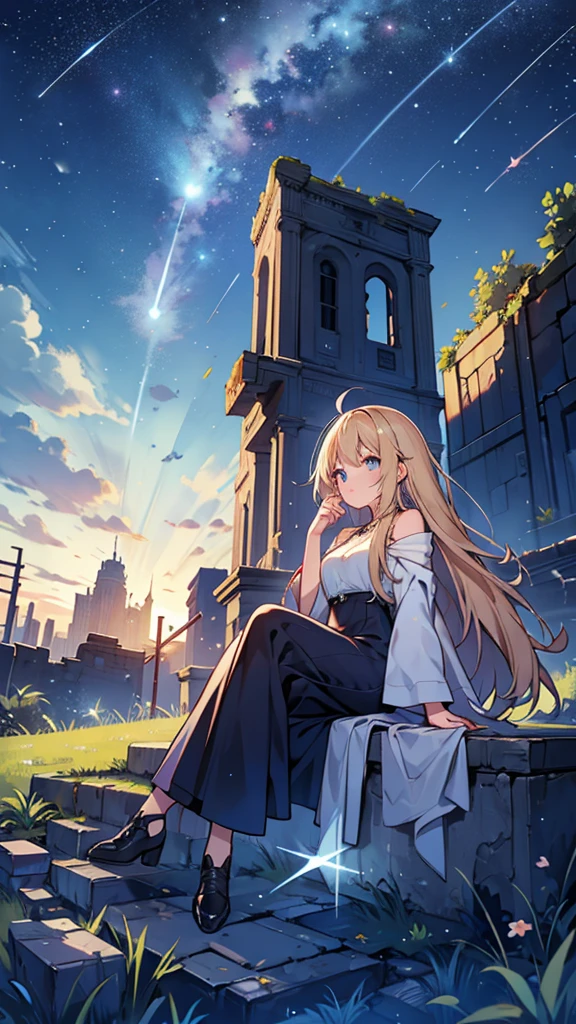 Night Sky、shooting star、ruins、Sitting、Larger background、