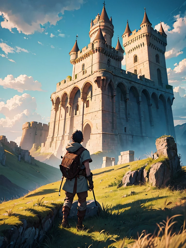 (​masterpiece、top-quality、hight resolution), An adventurer standing in the wilderness outside the castle walls, looking up at the castle. The adventurer's back is facing the viewer, showcasing their rugged gear and weaponry. The castle walls and the majestic castle itself loom in the distance, with towers and battlements visible. The surrounding landscape is barren and harsh, emphasizing the journey the adventurer has undertaken to reach this point. The sky is vast, with perhaps a hint of dramatic clouds, adding to the sense of adventure and anticipation.