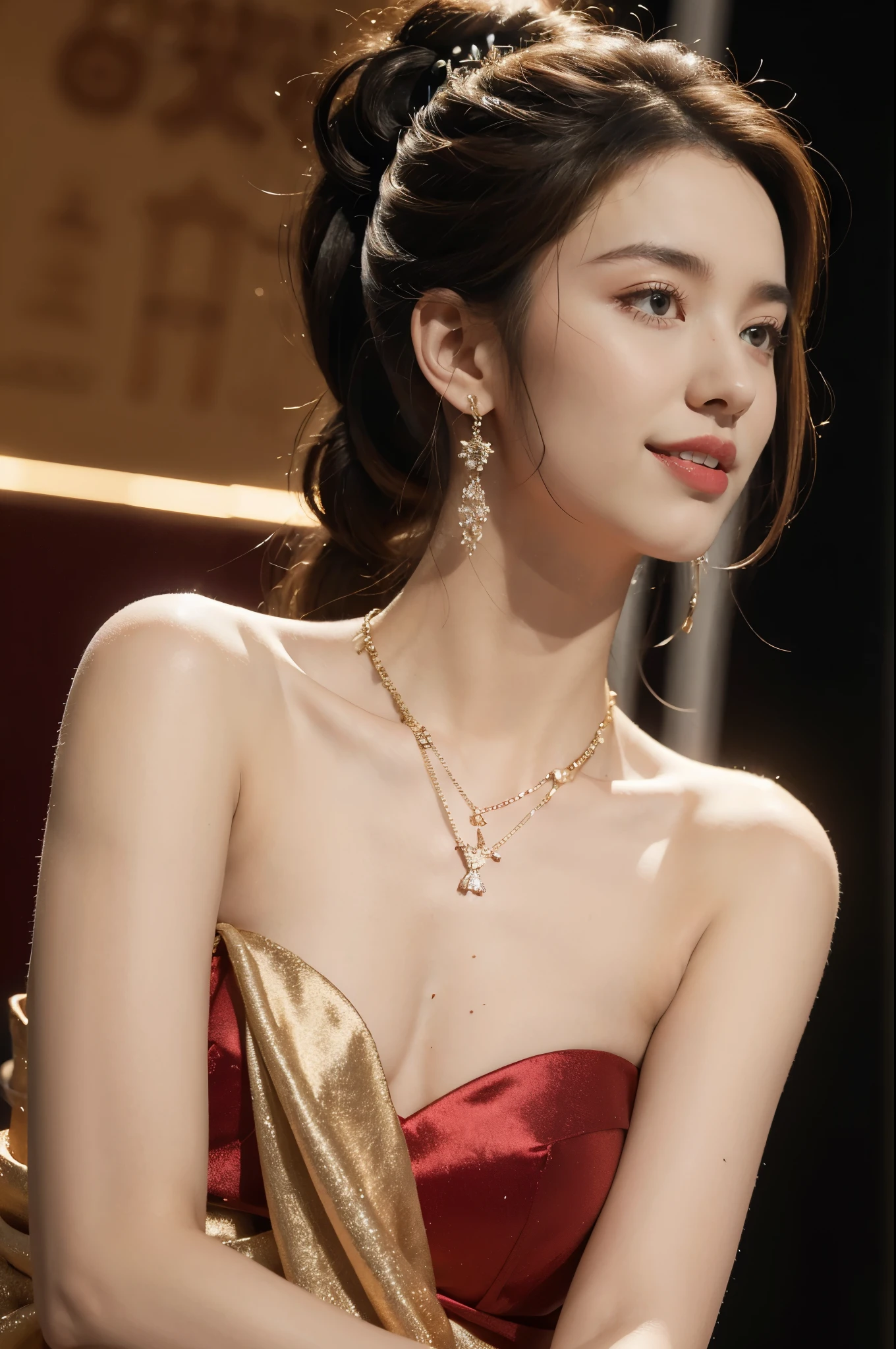 (((best quality))),(((ultra detailed))),(((masterpiece))),illustration, 1girl,singer,solo,short ponytail,open mouth,laughing,slim,thin,flat chest,small breasts,earrings,necklace,strapless gorgeous sparkled red bra,on the stage, performance, passion, confidence, elegance, lighting effects, decorations, audience, melodious voice, beautiful appearance, captivating performance,standing,close-up of face,from front