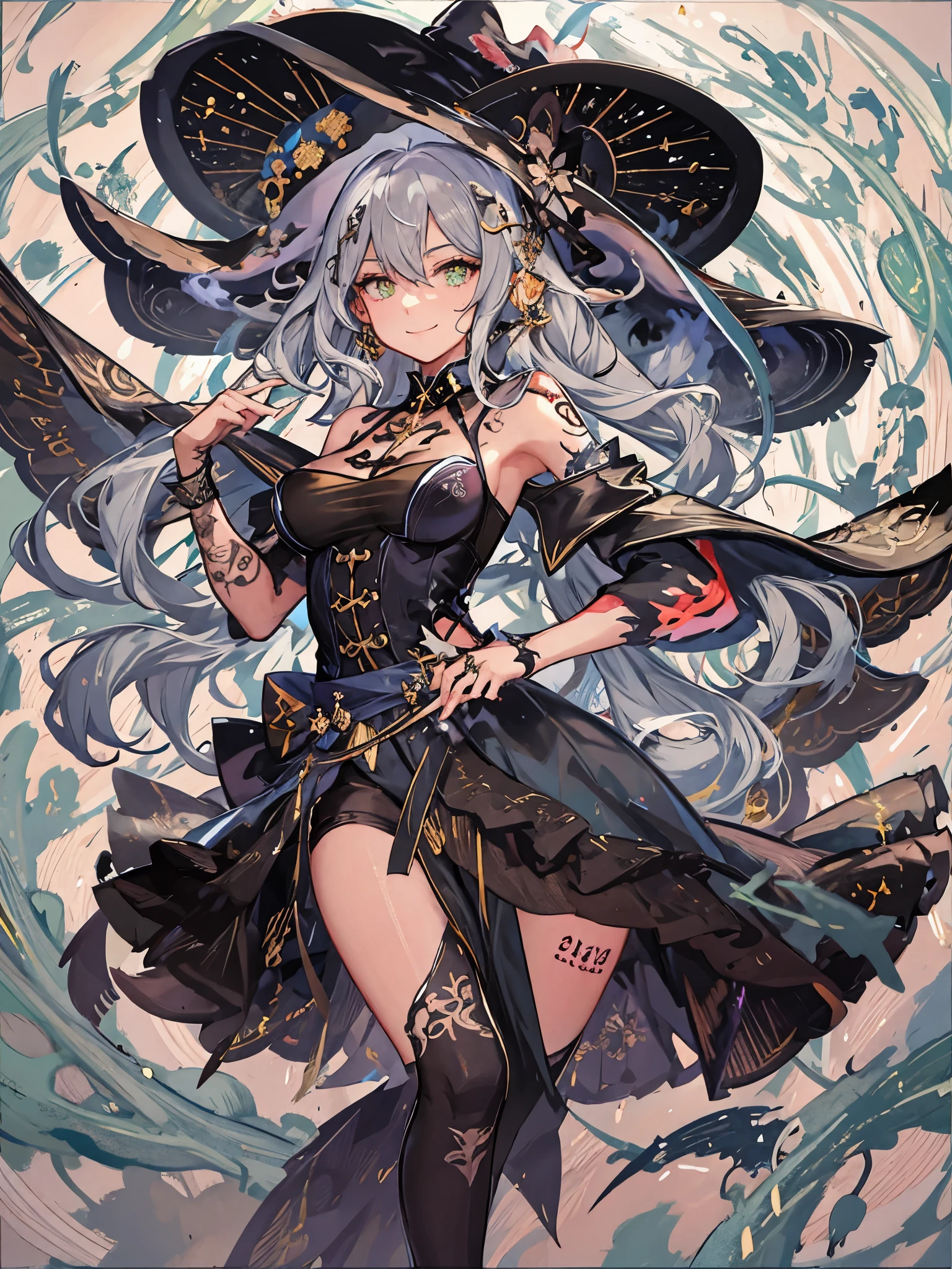 ((Highest quality)),(Ultra-high resolution),(Ultra-detailed new),(Detailed Description),((The best CG)),(masterpiece),Highly detailed art,A wonderful new art form,(Art with precise details:1.5), (witch:1.8),(緻密で詳細に描写されたハイレグwitch服:1.7),(Beautiful and well-proportioned face:1.6),(smile:1.4),(Side boob:1.9),(Tattoo:1.9),(Dynamic Pose:1.5), (Dancing Magic Circle:1.7), (Overwhelming destructive power:1.5),(The power that is released:1.6), Fantasy:1.6,