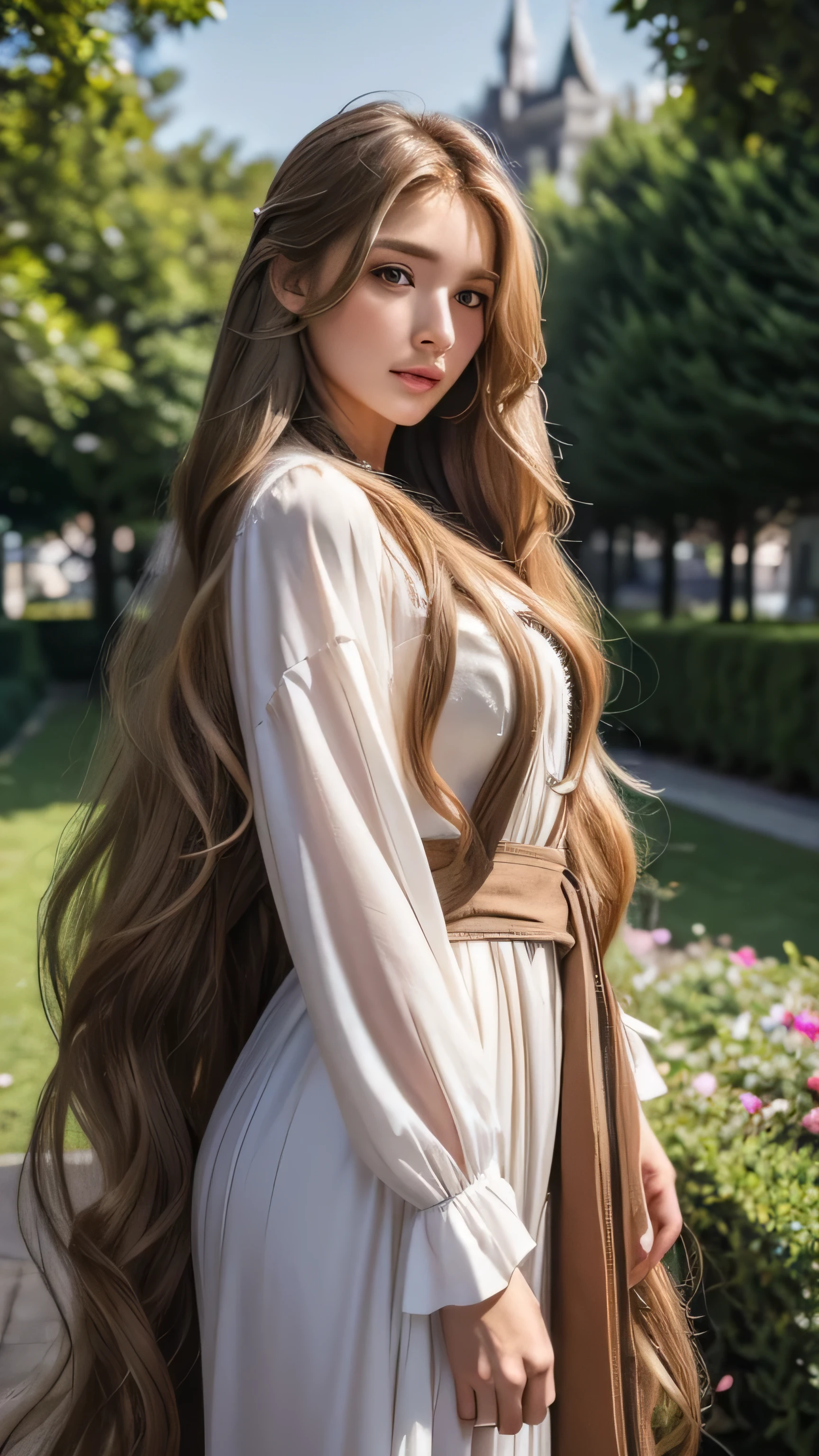 Blonde long-haired woman, Iris, moon, Noble, Lady, high quality, Very detailed, Detailed face, masterpiece, city, garden, Flowers, Light、Super long brown hair,Hair with loose waves inside,Long hair_Hair reaching down to the waist、full figure supermodel standing, entire body in frame、