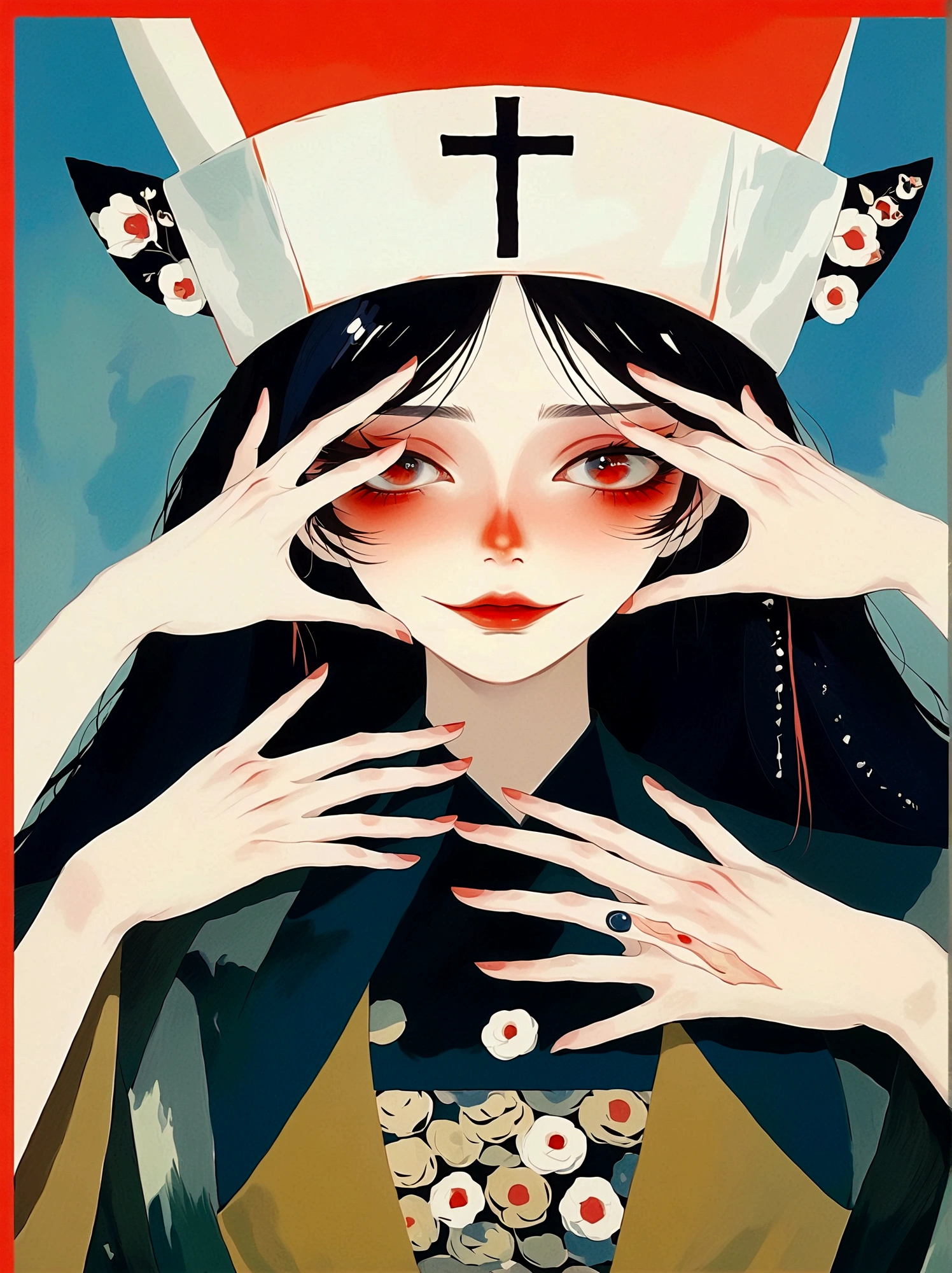 girl，Nurse hat，Eyes painted on hands，Japanese horror style Japanese pop surrealism, author：Yukika Kosaka, Nguyen Gia and Joao Nguyen, 
