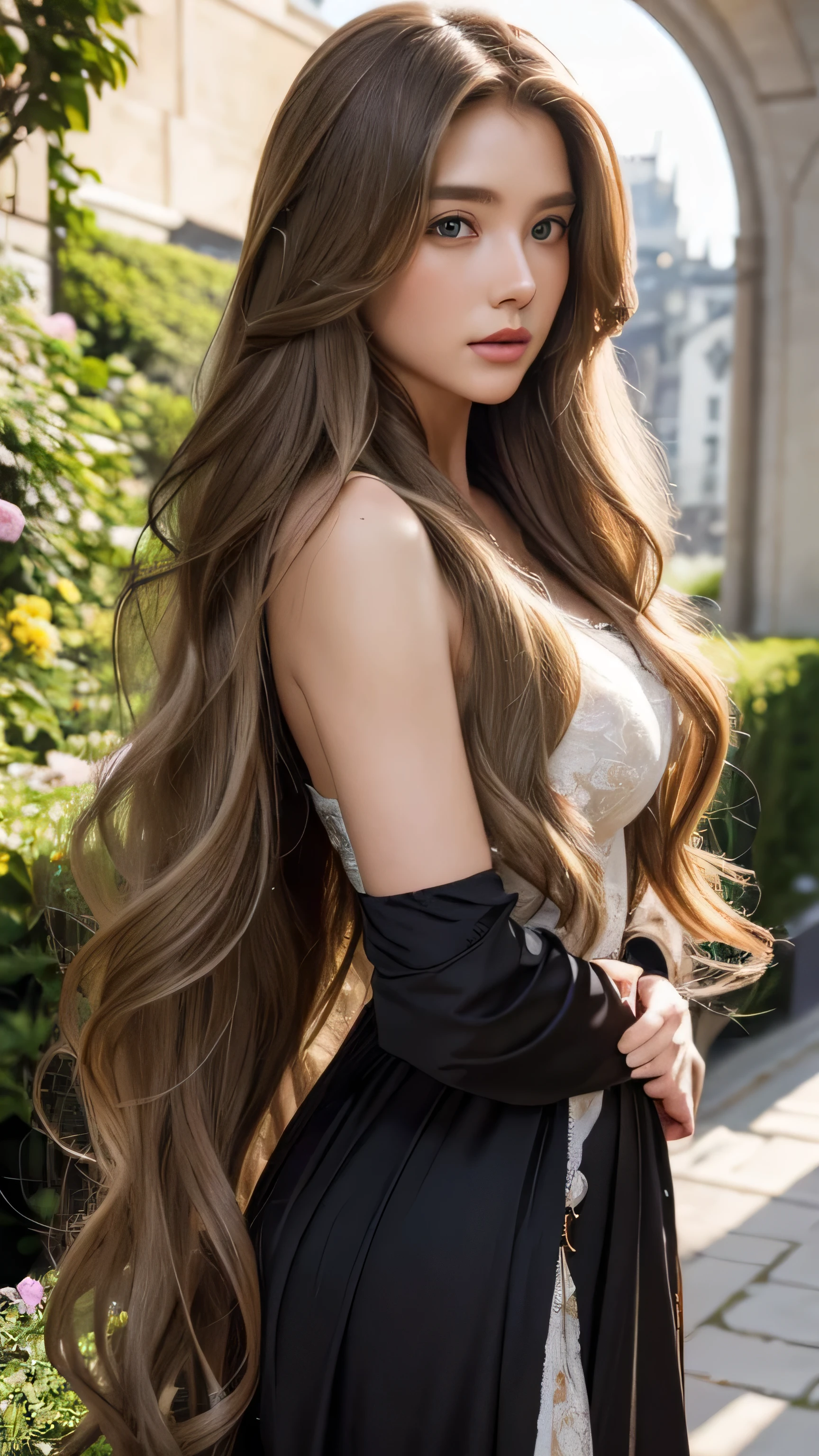 Blonde long-haired woman, Iris, moon, Noble, Lady, high quality, Very detailed, Detailed face, masterpiece, city, garden, Flowers, Light、Super long brown hair,Hair with loose waves inside,Long hair_Hair reaching down to the waist、full figure supermodel standing, entire body in frame、
