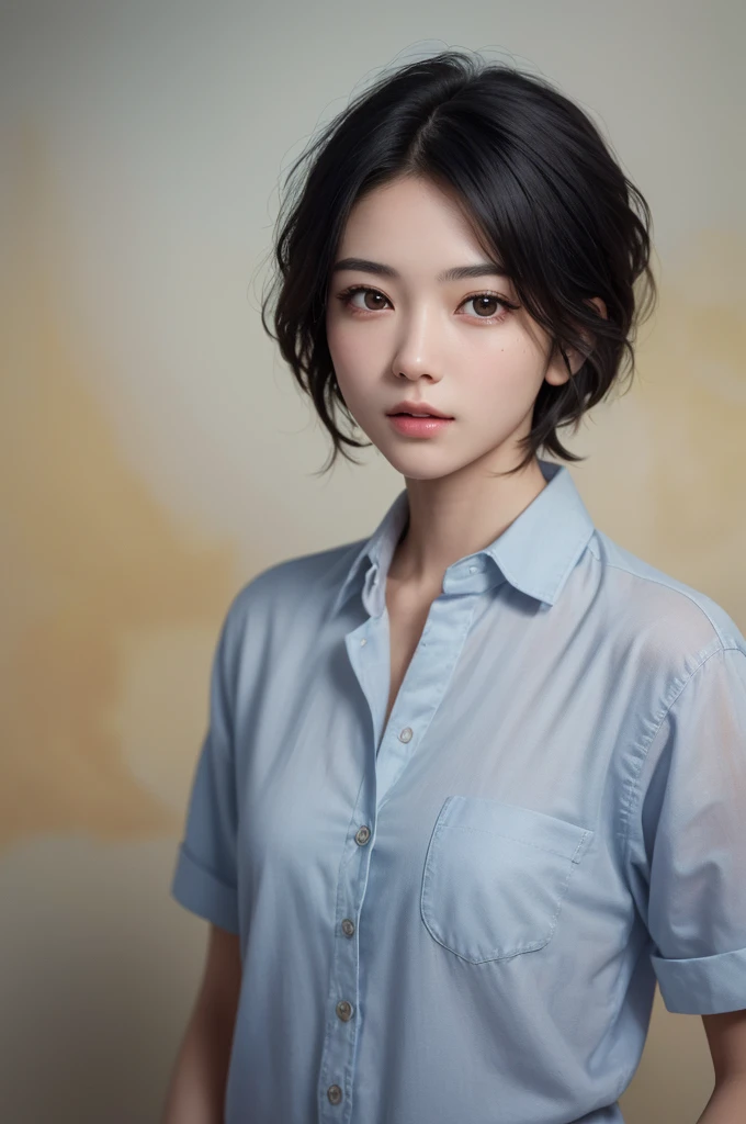 Highest quality、masterpiece、超High resolution、(Realistic:1.3)、RAW Photos、(One girl), Beautiful Face, (Realistic Face), (Black Hair、short hair:1.3), Beautiful Hairstyles, Realistic eyes, Beautiful fine details, (Realistic Skin), Beautiful Skin, (shirt), Confused, charm, 超High resolution, Ultra-realistic, High resolution, Golden Ratio、Mr.々Background