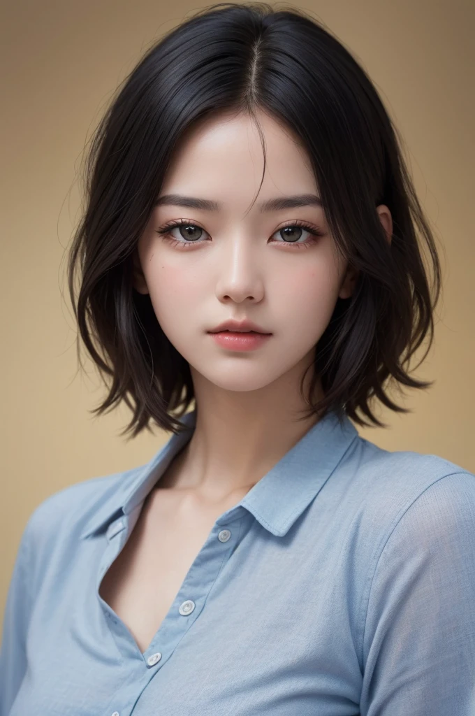 Highest quality、masterpiece、超High resolution、(Realistic:1.3)、RAW Photos、(One girl), Beautiful Face, (Realistic Face), (Black Hair、short hair:1.3), Beautiful Hairstyles, Realistic eyes, Beautiful fine details, (Realistic Skin), Beautiful Skin, (shirt), Confused, charm, 超High resolution, Ultra-realistic, High resolution, Golden Ratio、Mr.々Background