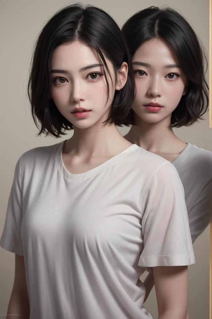 Highest quality、masterpiece、超High resolution、(Realistic:1.3)、RAW Photos、(One girl), Beautiful Face, (Realistic Face), (Black Hair、short hair:1.3), Beautiful Hairstyles, Realistic eyes, Beautiful fine details, (Realistic Skin), Beautiful Skin, (shirt), Confused, charm, 超High resolution, Ultra-realistic, High resolution, Golden Ratio、Mr.々Background