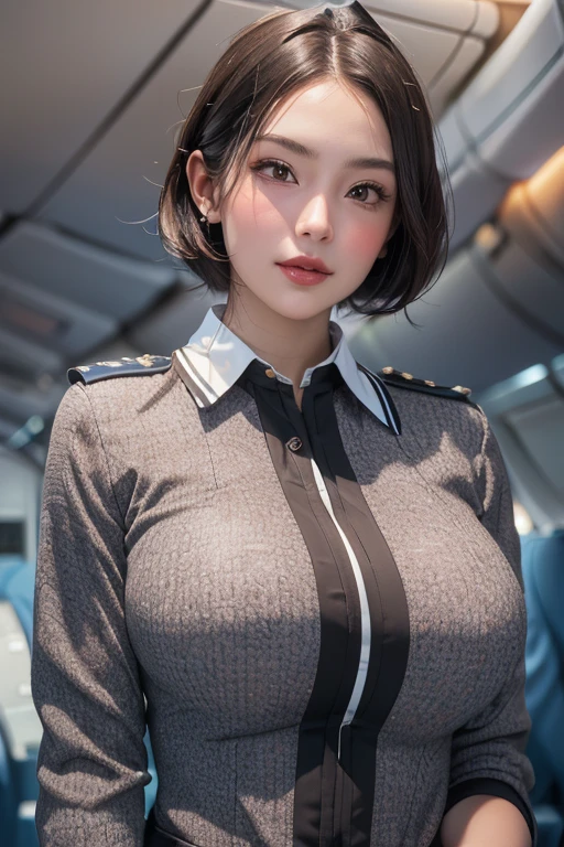 1 female, Solitary, 40 years, (Dressed as a flight attendant on an airplane:1.4), Smile, Fluffy brown eyes, Pretty Face, Black short hair, (Huge breasts), (Delicate face), Delicate lips, Delicate face, Detailed chest, detail, Perfect body, (Cowboy shooting), 8K, Highest quality, Intricate details, Ultra Detailed, Ultra-high resolution, masterpiece, (Reality:1.3)(((Full and soft breasts,)))(((Huge breasts))) (((Cleavage))) (Perfect curvy figure)