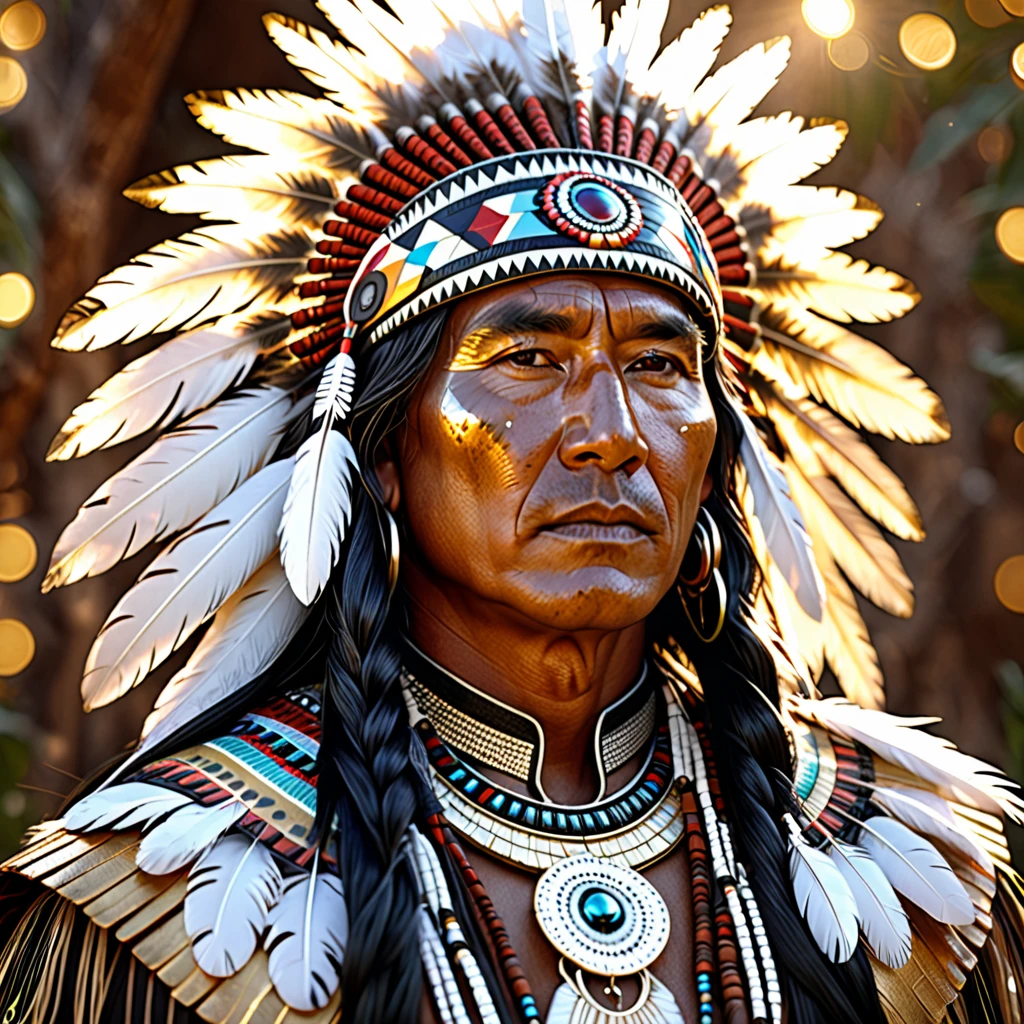 a stunning 3D portrait of a native Navaho man chief, detailed face with long flowing black hair, shiny bronze white foliage and golden white feathers incorporated, sparkling light emitting from the figure, light ethereal background, intricate detailed futuristic indigenous digital art, cinematic lighting, 8k, photorealistic, hyperrealistic, hyper detailed, masterpiece