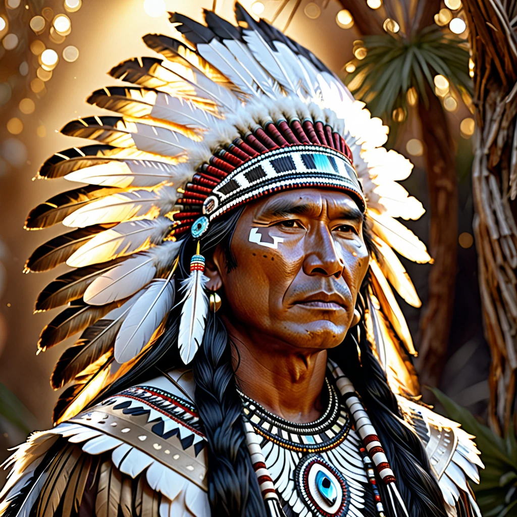 a stunning 3D portrait of a native Navaho man chief, detailed face with long flowing black hair, shiny bronze white foliage and golden white feathers incorporated, sparkling light emitting from the figure, light ethereal background, intricate detailed futuristic indigenous digital art, cinematic lighting, 8k, photorealistic, hyperrealistic, hyper detailed, masterpiece