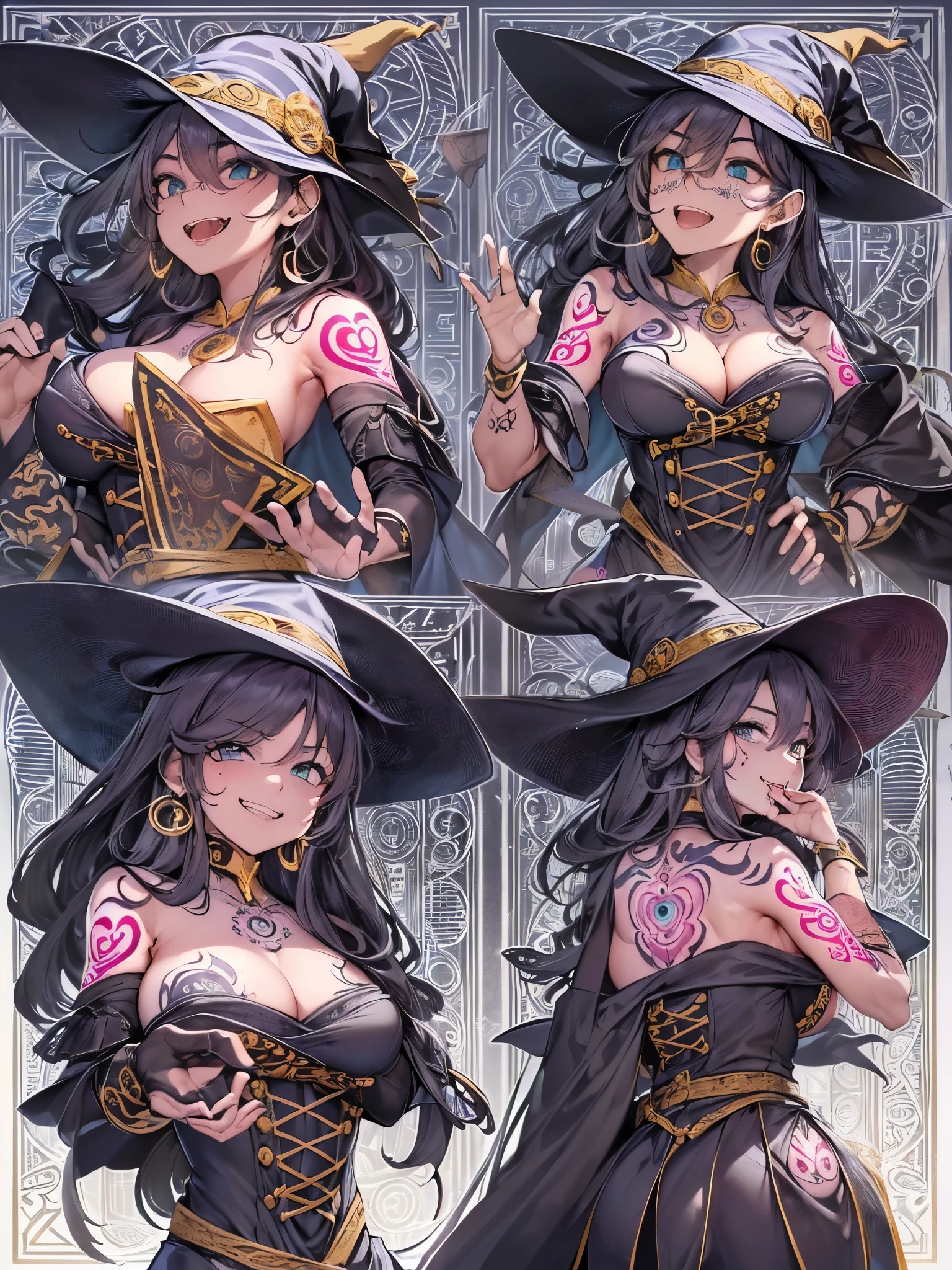 ((Highest quality)),(Ultra-high resolution),(Ultra-detailed new),(Detailed Description),((The best CG)),(masterpiece),Highly detailed art,A wonderful new art form,(Art with precise details:1.5), (witch:1.8),(緻密で詳細に描写されたハイレグwitch服:1.7),(Beautiful and well-proportioned face:1.6),(smile:1.4),(Side boob:1.9),(Tattoo:1.9),(Dynamic Pose:1.5), (Dancing Magic Circle:1.7), (Overwhelming destructive power:1.5),(The power that is released:1.6), Fantasy:1.6,