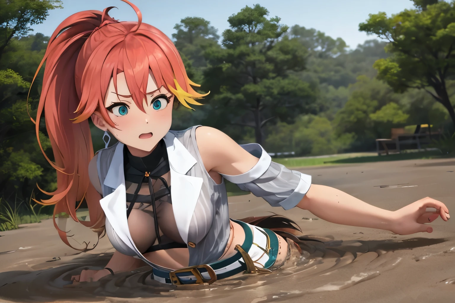 Judith Ranster, orange hair, streaked hair, multicolored hair, ponytail, ahoge, aqua eyes, small breasts exposted, nipple, damaged crop top, open dress, detached sleeves, belt, orange shorts, black thighhighs, aqua high heels, torn clothes, cloth pieces ,sinking, stuck in a bottomless swamp,embarrassed and challenging face looking towards the observer, torn clothes, bra damaged, nipple, Sinking at kneel, quicksand, pool of mud, marsh enviroment, jungle swamp,