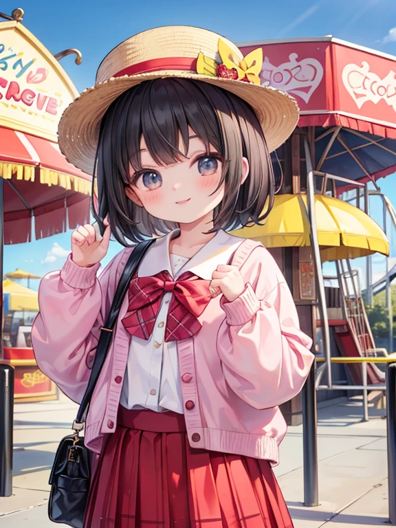 masterpiece, Highest quality, Very detailed, 16K, Ultra-high resolution, Cowboy Shot, ****************, Detailed face, (smile:1.5), black eye, Black Hair, short hair, Tsubo wide hat, Red Hat, Daytime, amusement park, Yellow blouse, Pink Cardigan, Brown Skirt, Pleated skirt