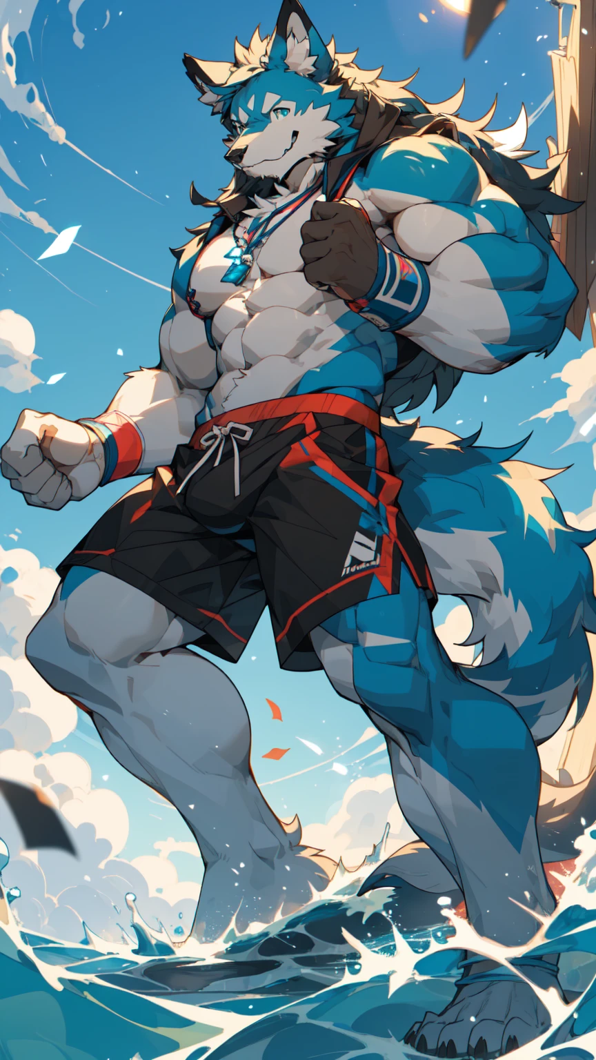 Sunlight,high resolution,4K,love,(((whole body))),masterpiece,high quality,Brave and bold,((Wolf)),male,((Strike a pose:1.5)),WolfFurry,(Middle-aged uncle),hairy,((charming,Smiling Face,Long hair)),((peaceful,Ease)),((Strong,tall and big:1.3,thin long ears:1.2,Well-proportioned limbs:1.3,Wolf尾巴:1.3,Meat pad:1.2,Crotch bulge)),(((Red and black sports shorts))),(((Green ears,Dark blue head,dark blue back,Dark blue limbs,White breast,White belly,Blue pupils))),charming脸庞,AttentiontoDetail,Detailed body,Detailed hands