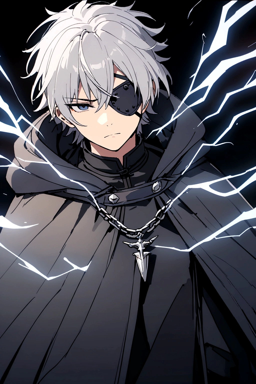 Anime character, a man, medieval era. Young man, 20 years old, large body, cold gaze, cold expression, messy short gray hair, ponytail, left eye patch, black clothes, black shirt, dark cape with hood, chains. front camera, advancing in a sea of blood. white electricity emanating from his body, black electricity emanating from his left hand. Right eye shining in a white ray. Thunderous white lightning. (best quality, 4k, 8k, high resolution, masterpiece: 1.2), ultra-detailed, vibrant colors, chiaroscuro lighting, dramatic pose, intricate details, fantasy, mystical, powerful