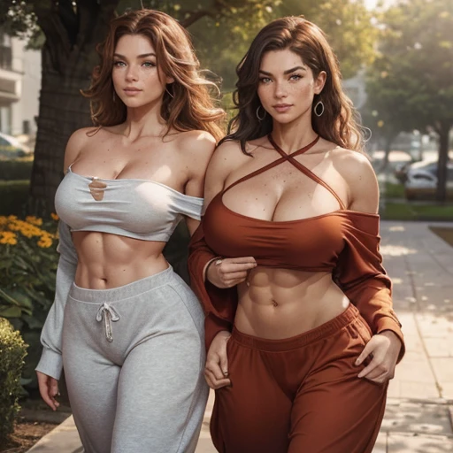 Two women with different natural color hair and race competing for the camera’s attention by pushing to get close to pose close to camera , Athletic fit bodybuilding muscular 30 year old fitness athlete woman, amazingly long wavy voluminous flowing hair down her back to her thighs, big beautiful green eyes, MANY freckles, muscle tone, wet and glistening from sweat, wearing low-rise oversized sweatpants-shorts, ((( IMPORTANT: and a huge loose baggy oversized low-cut comfy big sweatshirt with ONE wide-neck-hole that goes all around off-shoulder and cleavage in one big swoop 1.3))), very tall socks and cute sneakers, flowers in hair, muscle definition in shoulders and belly, curvy, juicy wide hips, thick thighs, nice big muscular ass, mature gorgeous incredible pretty face, grinning, laughing, many tattoos on her body, jogging in a beautiful flower garden in the mornings, Instagram model, (((small breasts 1.3))), (((birdseyeview-high-camera-looking-down wide-angle-lens and bokeh and incredible colors and professional photographer with a sense of the dynamic and having depth 1.3 ))) k, SFW, abs,photorealistic,super long hair, incredible outfit that makes sense practically and beautifully for an autumn morning when it's sunny but a little windy, , headband, all clothes are one color