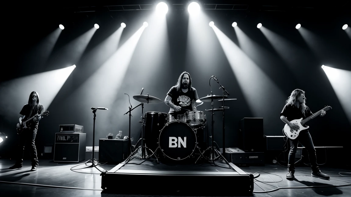 high quality documental photography of a metal band in the stage, playing hard, black and white photo, grain photo