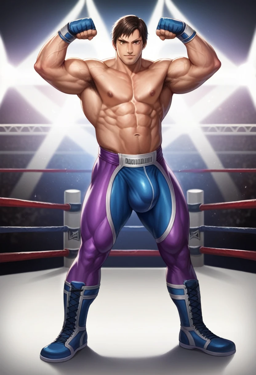 独奏, male, male focus, King_tekken8, King from Tekken, muscular male, Wrestling outfit, realistic skin, nipples, veins, handsome, detailed, detailed muscles, detailed eyes, detailed body, full body, masterpiece, cinematic, photorealistic, realistic, beautiful, Ultra-realistic, 8K, lighting, dramatic lighting, centered, standing, flexing, pose, ((Wrestling Ring)), ，(Huge bulge:1.3），Wolf