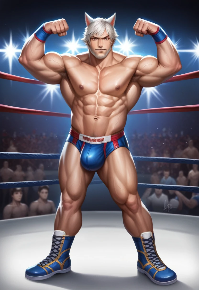 独奏, male, male focus, King_tekken8, King from Tekken, muscular male, Wrestling outfit, realistic skin, nipples, veins, handsome, detailed, detailed muscles, detailed eyes, detailed body, full body, masterpiece, cinematic, photorealistic, realistic, beautiful, Ultra-realistic, 8K, lighting, dramatic lighting, centered, standing, flexing, pose, ((Wrestling Ring)), ，(Huge bulge:1.3），Wolf