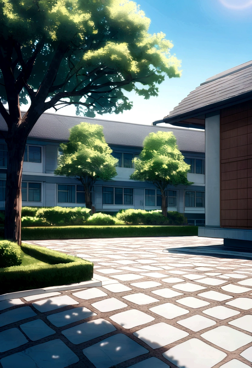 School building, noon, centered, stone paving, make it aesthetic, add few bushes and trees around it,