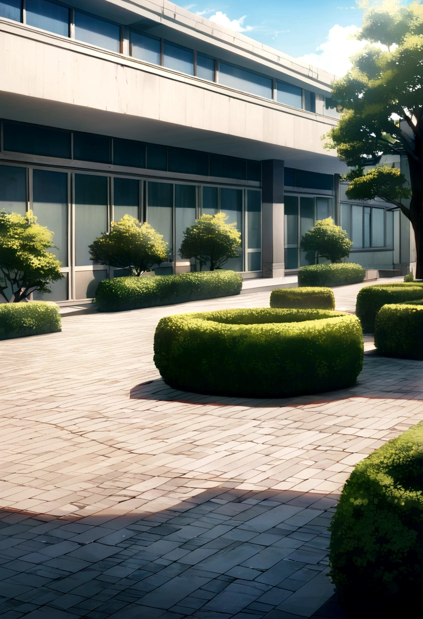 School building, noon, centered, stone paving, make it aesthetic, add few bushes and trees around it,