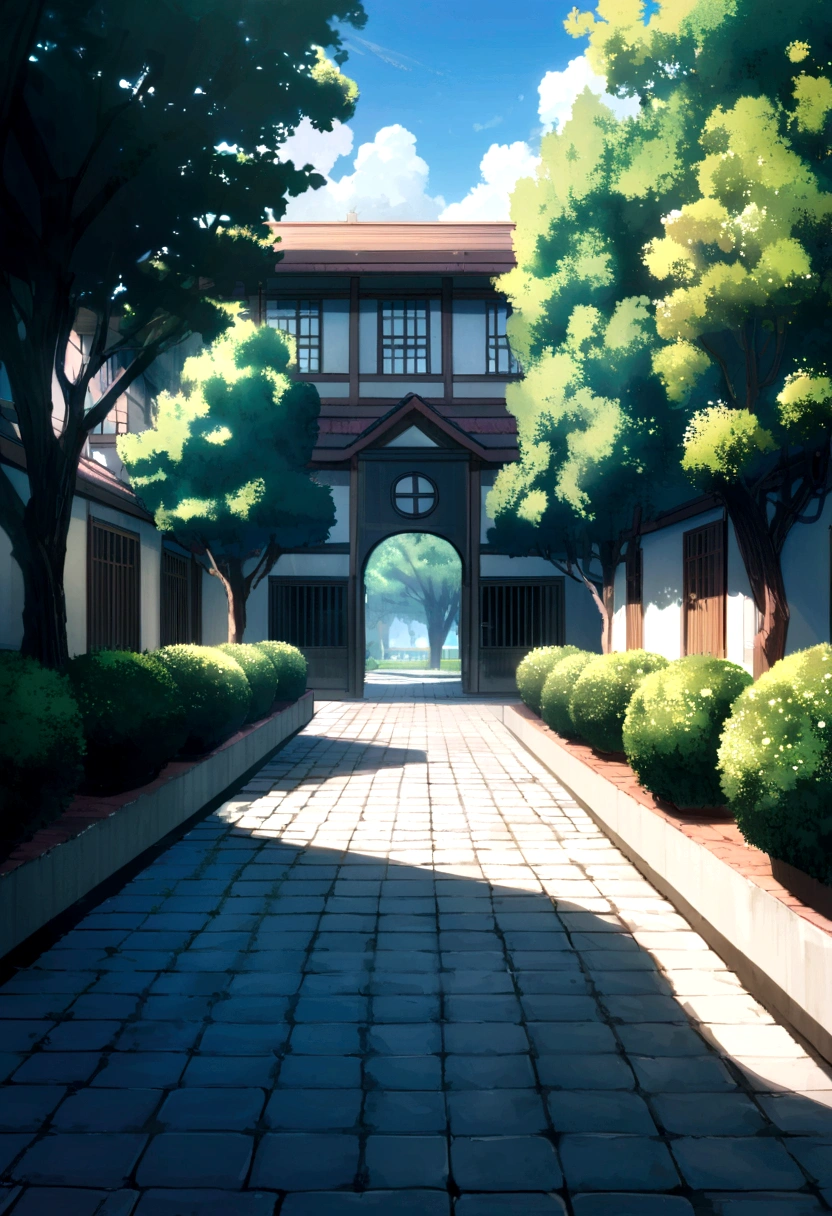 School building, noon, centered, stone paving, make it aesthetic, add few bushes and trees around it,