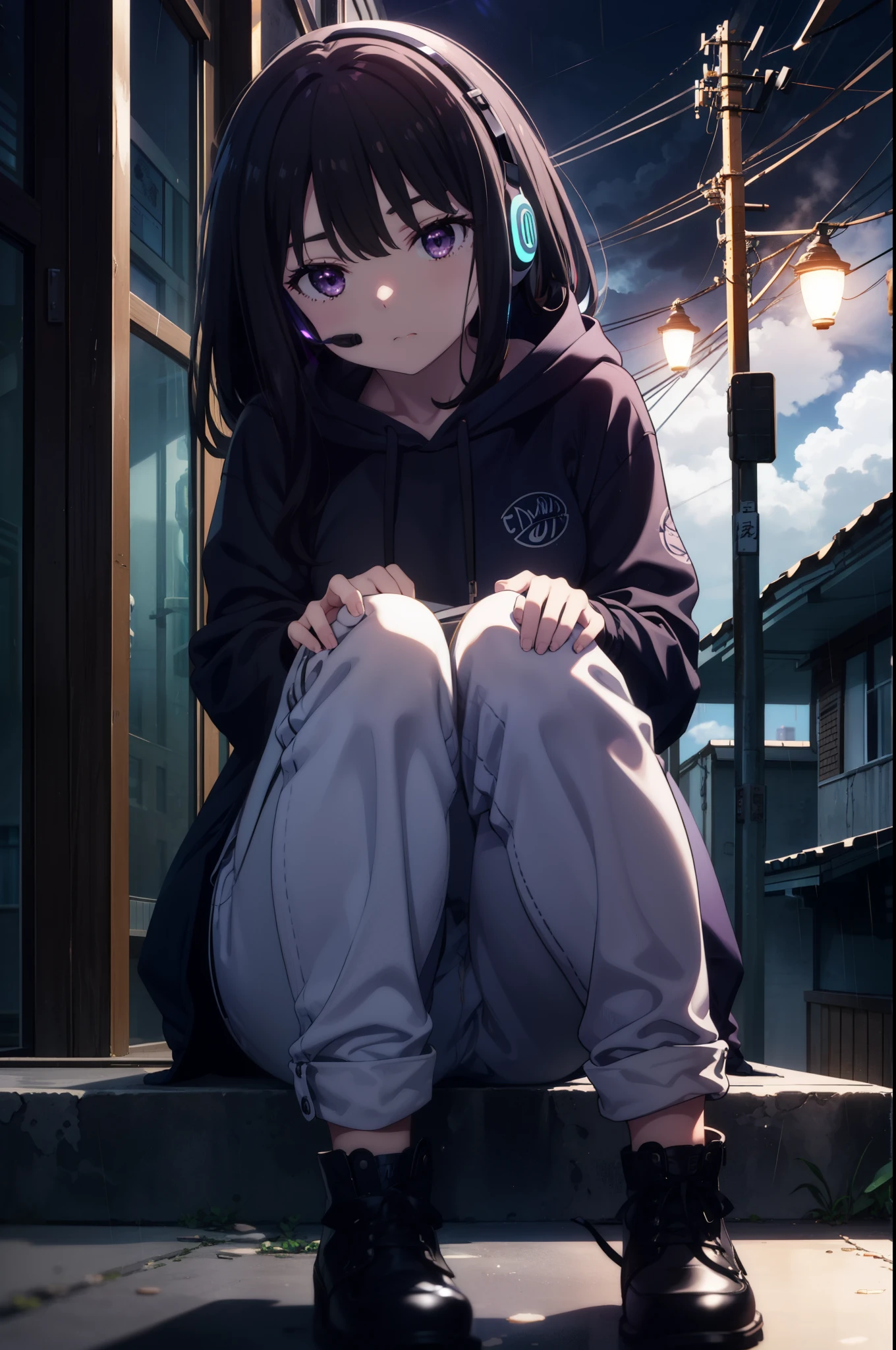 Takiuchikami, Check it out, Long Hair, bangs, Black Hair, (Purple eyes:1.2),Oversized blue hoodie,Wired headphones,jeans,short boots,Sitting on the steps of a building,Hiding in a roofed building,whole bodyがイラストに入るように,rain,cloudy,night,
break outdoors, Building district,
break looking at viewer, whole body,
break (masterpiece:1.2), Highest quality, High resolution, unity 8k wallpaper, (figure:0.8), (Beautiful attention to detail:1.6), Highly detailed face, Perfect lighting, Highly detailed CG, (Perfect hands, Perfect Anatomy),