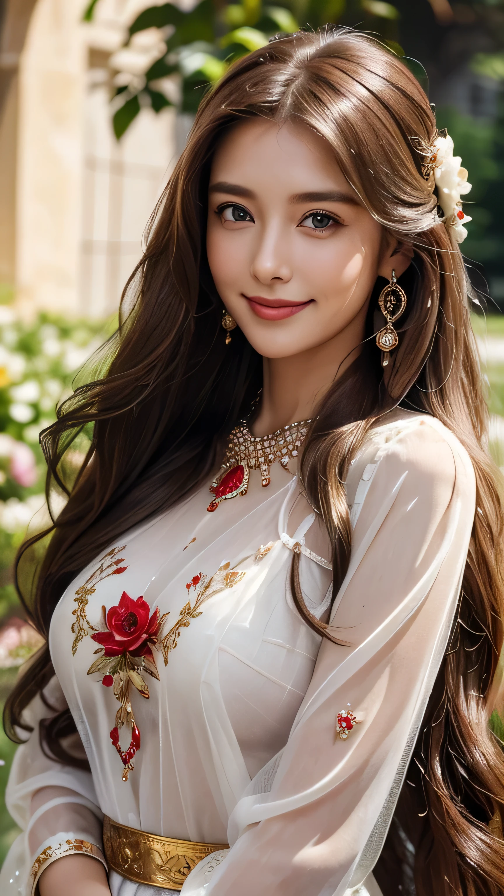 Blonde long-haired woman, Iris, Royalty, Red Jewelry, Red earrings, moon, Noble, Lady, high quality, Very detailed, Detailed face, masterpiece, city, garden, Flowers, Light,(((White see-through dress)))､(((Upper body portrait))),Super long brown hair,Hair with loose waves inside,Long hair_Hair reaching down to the waist、gold necklace＿Large earrings、((A shy smile:1.3)),wearing Floral blouse with ribbon tie_long see-through sleeves、standing gracefully、full figure supermodel standing, entire body in frame、