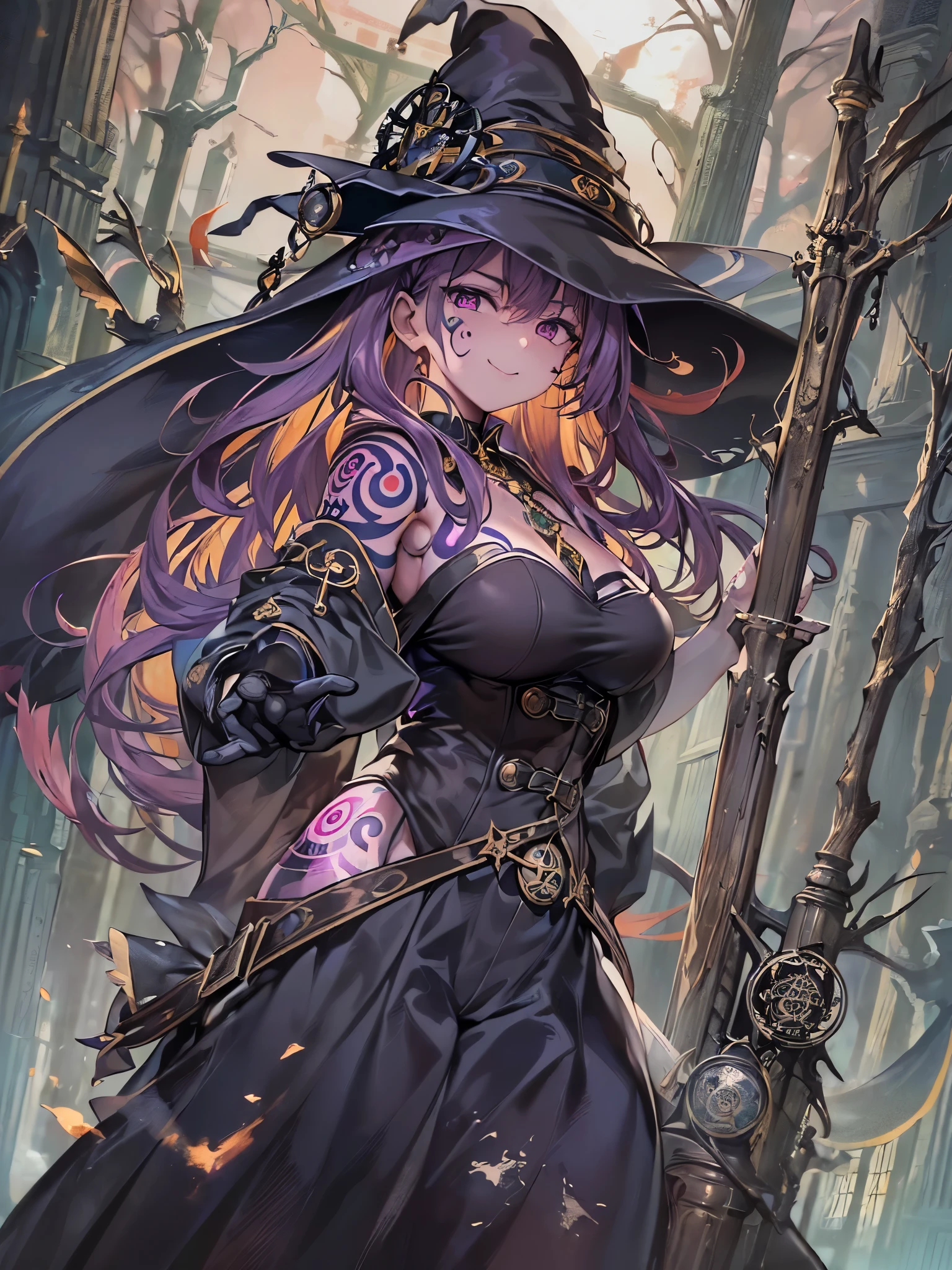 ((Highest quality)),(Ultra-high resolution),(Ultra-detailed new),(Detailed Description),((The best CG)),(masterpiece),Highly detailed art,A wonderful new art form,(Art with precise details:1.5), (witch:1.8),(緻密で詳細に描写されたハイレグwitch服:1.7),(Beautiful and well-proportioned face:1.6),(smile:1.4),(Side boob:1.9),(Tattoo:1.9),(Dynamic Pose:1.5), (The destroyed magic circle:1.7), (Overwhelming destructive power:1.5),(The power that is released:1.6), Fantasy:1.6,