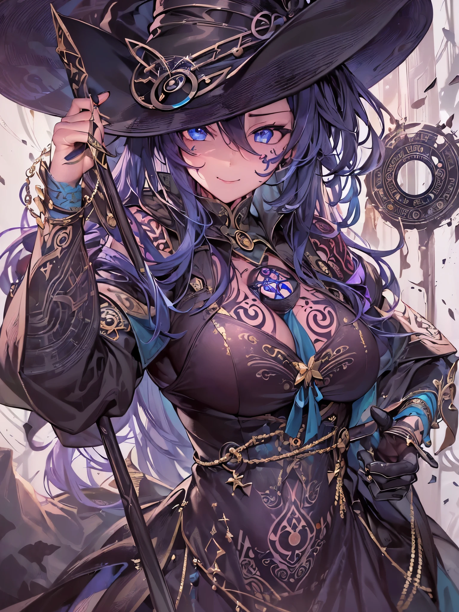 ((Highest quality)),(Ultra-high resolution),(Ultra-detailed new),(Detailed Description),((The best CG)),(masterpiece),Highly detailed art,A wonderful new art form,(Art with precise details:1.5), (witch:1.8),(緻密で詳細に描写されたハイレグwitch服:1.7),(Beautiful and well-proportioned face:1.6),(smile:1.4),(Side boob:1.9),(Tattoo:1.9),(Dynamic Pose:1.5), (The destroyed magic circle:1.7), (Overwhelming destructive power:1.5),(The power that is released:1.6), Fantasy:1.6,