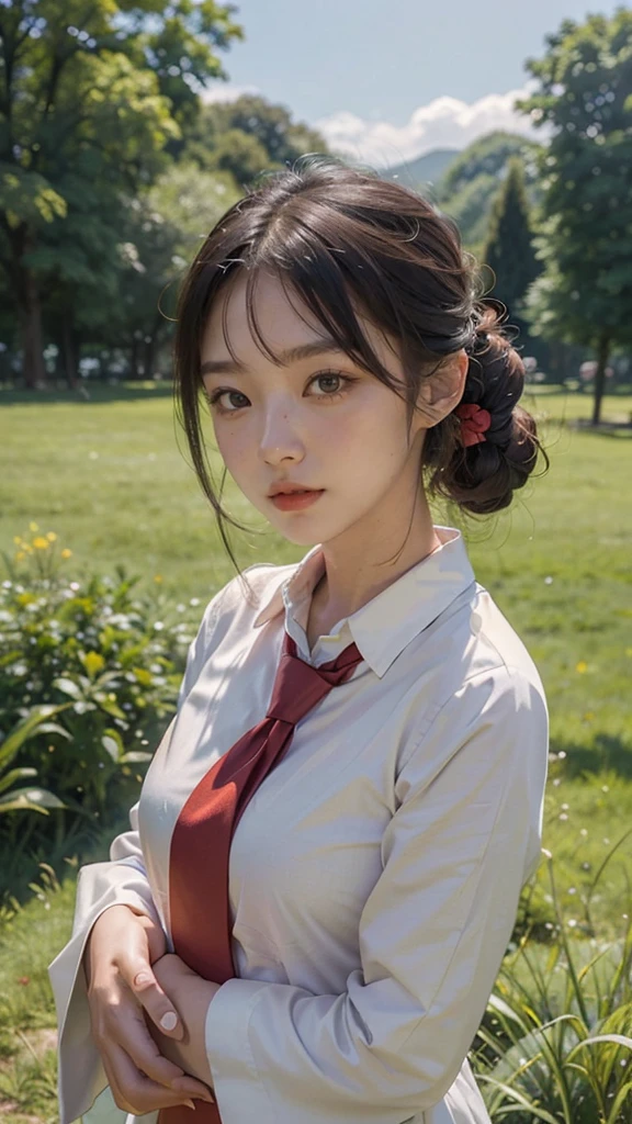 there is a woman with a red tie standing in a field, soft portrait shot 8 k, a young asian woman, shot on canon eos r5, shot on canon eos r 5, taken with canon eos 5 d mark iv, portrait shot 8 k, taken with canon 5d mk4, taken with sony alpha 9, portrait of a japanese teen