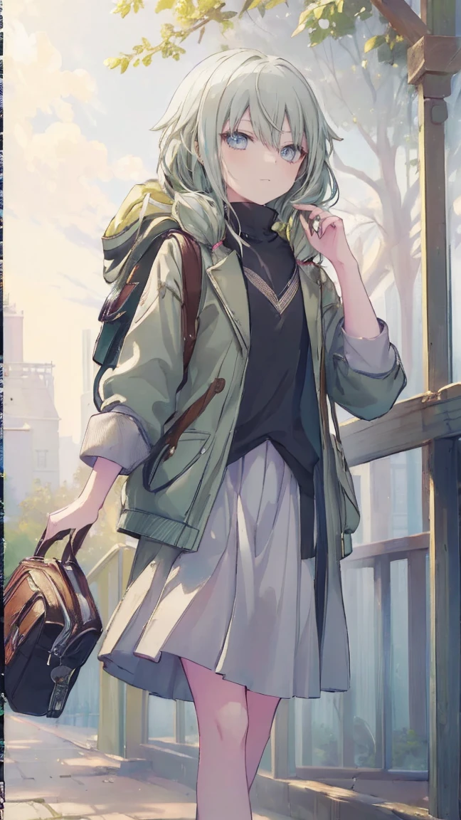 (masterpiece, Highest quality:1.6),Best image quality、Highest quality、Perfect lighting,masterpiece、(8K、masterpiece、Highest quality)、Best image quality、Chest close-up、During a walk、Outdoors、A smiling face towards me、The sense of distance as if you were walking next to me、light green hair color、Kusanagi Nin々、、profile