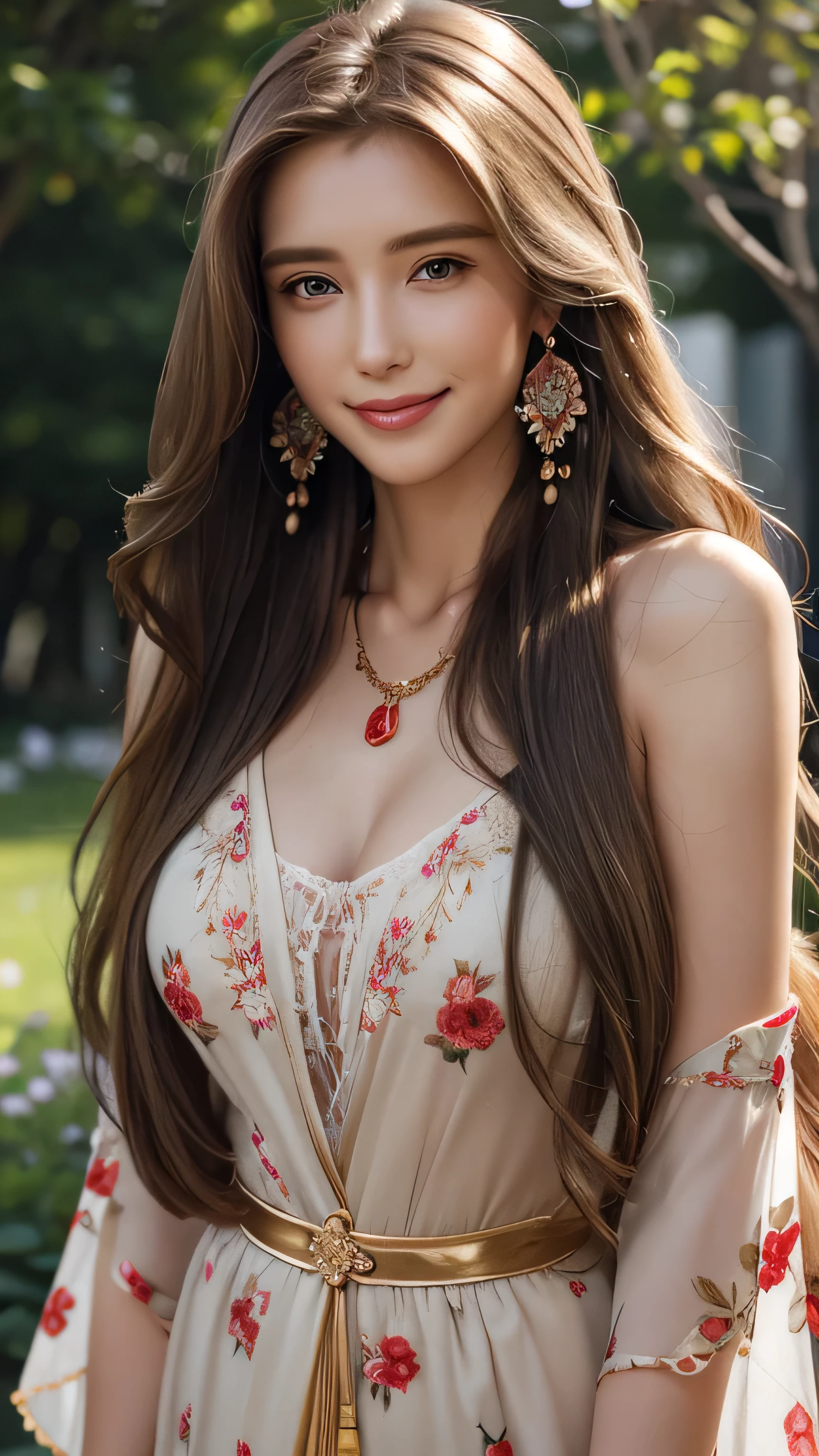 Blonde long-haired woman, Iris, Red Jewelry, Red earrings, moon, Noble, Lady, high quality, Very detailed, Detailed face, masterpiece, city, garden, Flowers, Light,(((Upper body portrait))),Super long brown hair,Hair with loose waves inside,Long hair_Hair reaching down to the waist、gold necklace_Large earrings、((A shy smile:1.3)),wearing Floral blouse with ribbon tie_long see-through sleeves、standing gracefully、full figure supermodel standing, entire body in frame、