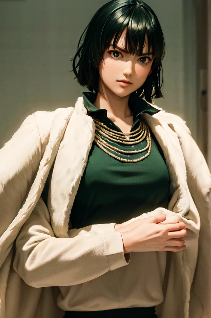 (masterpiece, best quality:1.2), cowboy shot, solo, 1girl, fubuki, expressionless, crossed arms, green hair, taut clothes, fur coat, jewelry, necklace