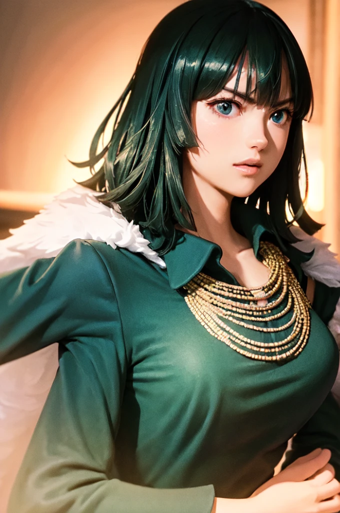 (masterpiece, best quality:1.2), cowboy shot, solo, 1girl, fubuki, expressionless, crossed arms, green hair, taut clothes, fur coat, jewelry, necklace