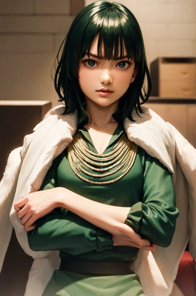 (masterpiece, best quality:1.2), cowboy shot, solo, 1girl, fubuki, expressionless, crossed arms, green hair, taut clothes, fur coat, jewelry, necklace