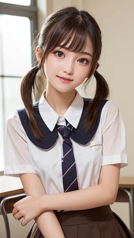 Tabletop, Highest quality, 1 girl,(beautiful girl:1.3), (18-year-old:1.2), Very fine grain definition, (Symmetrical eyes:1.3), ((Browsing Caution)), (school uniform, Cute Skirt:1.3), Beautiful breasts, Brown eyes, Parted bangs, Brown Hair, Upper teeth,Twin tail hairstyle,Unbutton your clothes、Upper body close-up