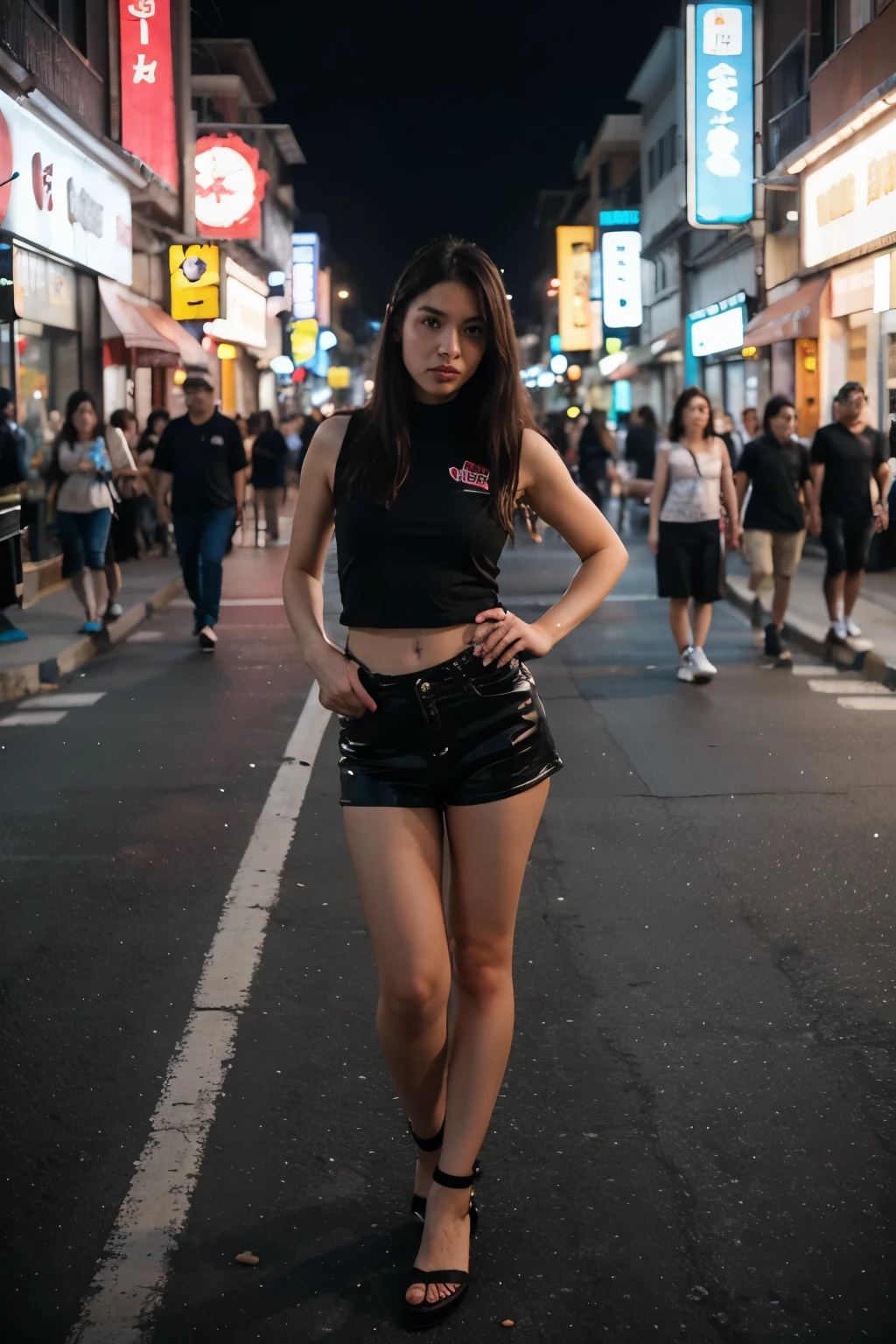 A woman Wearing a rocker style outfit, standing in the middle of the street. striking a cool pose., on the streets of Yaowarat china town in thailand, On an empty road, no people., The background is a road with colorful neon signs. in the night, has a follow light shining on his body., wide angle photography. bright colors, high contrast., Extreme detailed 32K realistic image, street photo