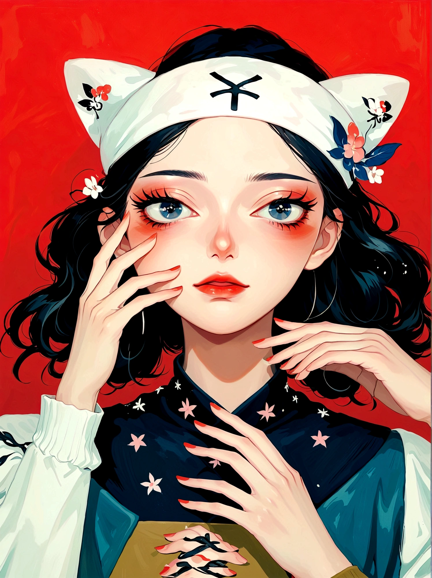 Anime style，A woman with her hands on her face, Japanese pop surrealism, Kuvshinov ilya, author：Shinoda Toko, Sachinteng, Japanese pop surrealism, author：Hironaka Harumi, Gu Weiss, artwork in the style of Gu Weiss, inspired by Yanjun Cheng, Kuvshinov, inspired author：Hironaka Harumi