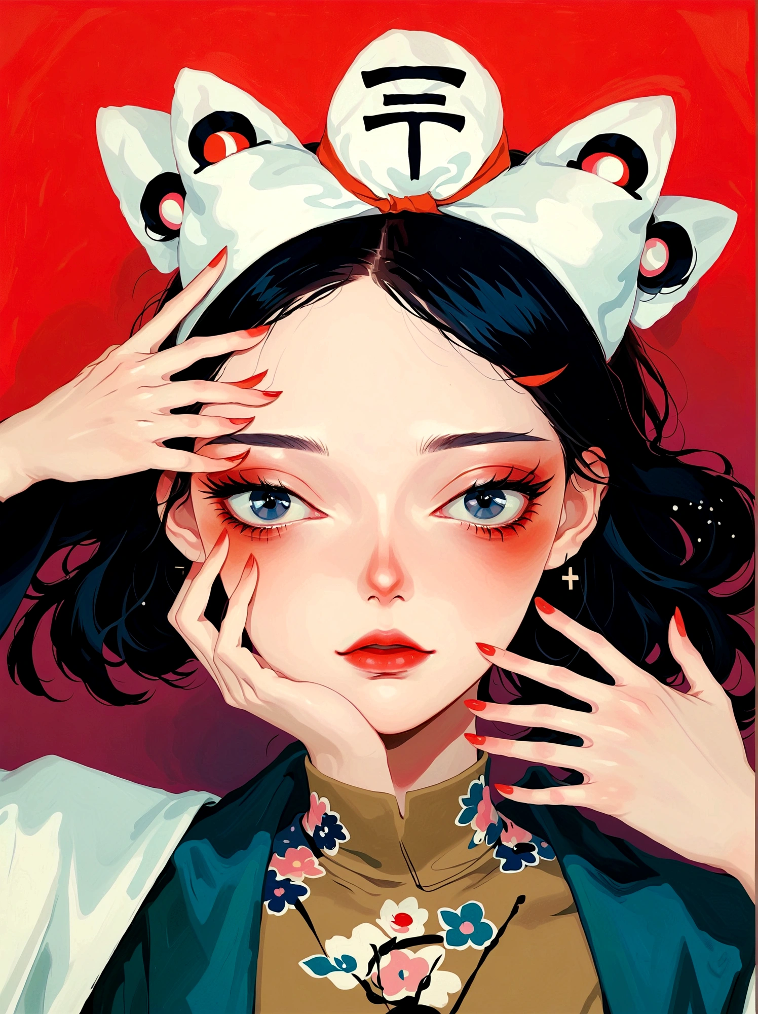 Anime style，A woman with her hands on her face, Japanese pop surrealism, Kuvshinov ilya, author：Shinoda Toko, Sachinteng, Japanese pop surrealism, author：Hironaka Harumi, Gu Weiss, artwork in the style of Gu Weiss, inspired by Yanjun Cheng, Kuvshinov, inspired author：Hironaka Harumi