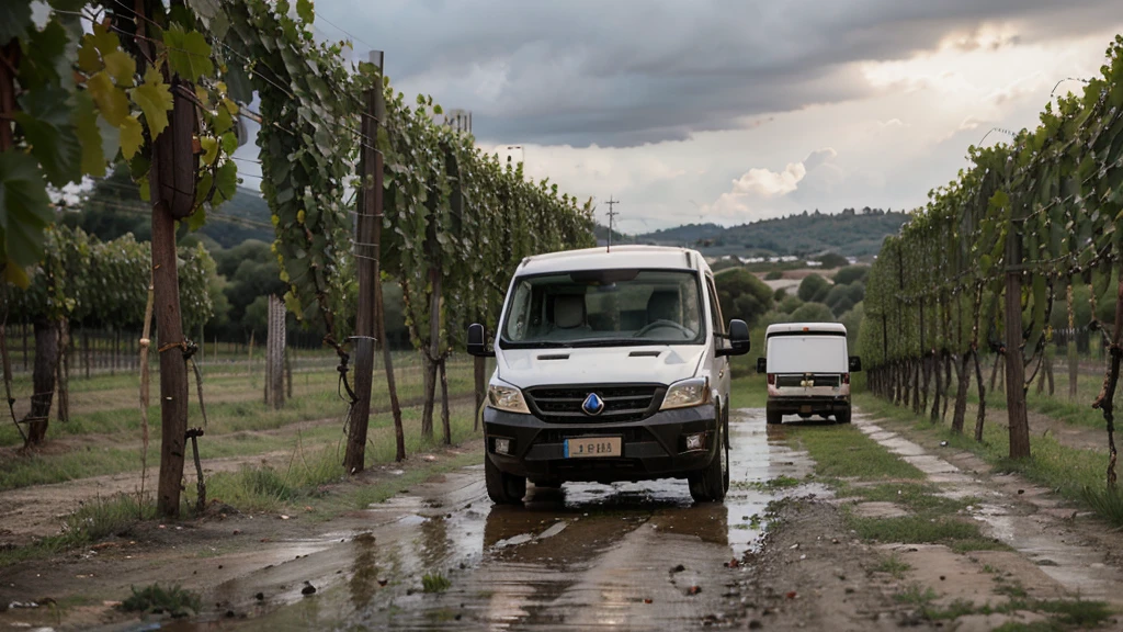 dirt road, in the vineyards, between the vines, rainy weather, two men, a white L2 H2 van, Fourgon L2 H2, 2 men