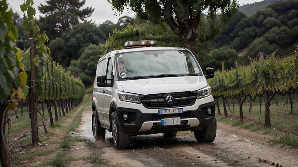 dirt road, in the vineyards, between the vines, rainy weather, two men, a white L2 H2 van, Fourgon L2 H2, 2 men