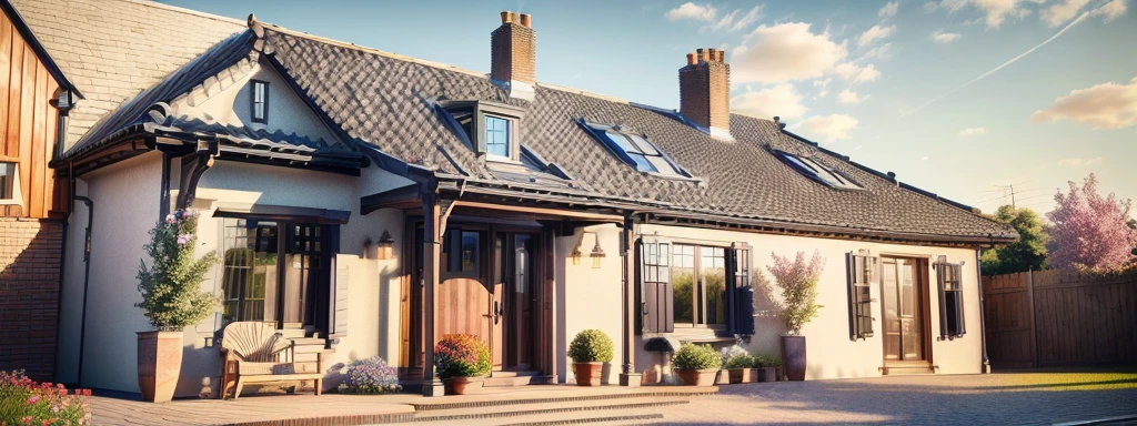 a depiction of a house with a gable roof, highly rendered, 3/4 View realistic, architectural visualization, 3D-Rendering, rendered 3D model, 3-D-Rendering, red Brickwall. traditional black standing seam roof,. Sunny Sky and a flowery garden in front In front of the house there is a garden with flowers. left and right part Brickwall. Netherlands. Bauhaus. White faccade. 
