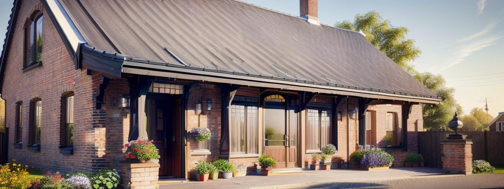 a depiction of a house with a gable roof, highly rendered, 3/4 View realistic, architectural visualization, 3D-Rendering, rendered 3D model, 3-D-Rendering, red Brickwall. traditional black standing seam roof,. Sunny Sky and a flowery garden in front In front of the house there is a garden with flowers. left and right part Brickwall. Netherlands. Bauhaus. White faccade. 