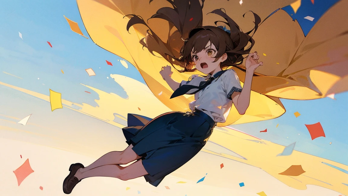 ((Highest quality)), ((masterpiece)), ((Very detailed)),Floatingする女の子,Angry expression,floating,Floating,Confetti,Brown Hair,tears,Levitating,Blue sky background,Feet in the air,tears,gravity,Long skirt,loafers,Raise both hands