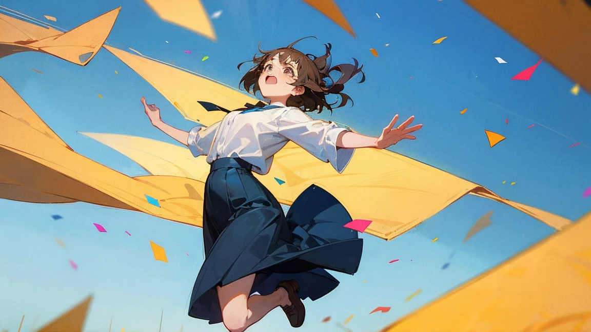 ((Highest quality)), ((masterpiece)), ((Very detailed)),Floatingする女の子,Angry expression,floating,Floating,Confetti,Brown Hair,tears,Levitating,Blue sky background,Feet in the air,tears,gravity,Long skirt,loafers,Raise both hands