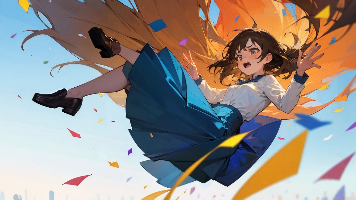 ((Highest quality)), ((masterpiece)), ((Very detailed)),Floatingする女の子,Angry expression,floating,Floating,Confetti,Brown Hair,tears,Levitating,Blue sky background,Feet in the air,tears,gravity,Long skirt,loafers,Raise both hands