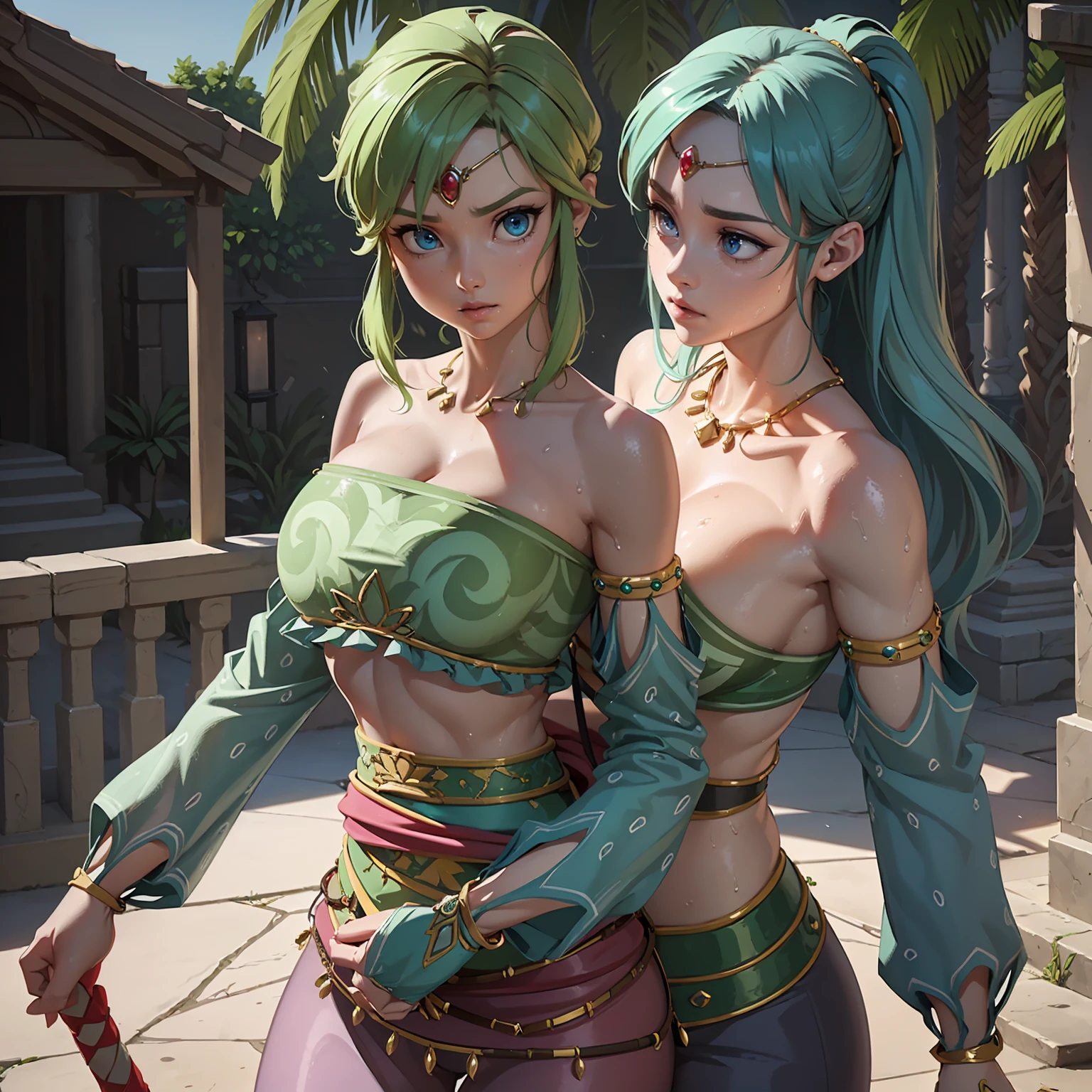 ((SUPREMELY FIRM ROUND BREASTS)), (((MOST OUTRAGEOUSLY GIGANTIC FAKE :1,2))), (strapless bra),  Could you please draw a female version of Roronoa Zoro from One Piece? She should have Zoro's trademark green hair, but perhaps in a longer, more feminine style. Her eyes should be intense and focused, reflecting her determination. She should be physically fit and strong, showcasing her skills as a swordsman. Her outfit could be a feminine take on Zoro's traditional outfit, perhaps a fitted green top and black pants, with a sash tied around her waist. She should also have Zoro's three swords, maybe carried on her back or at her side. Her personality should come across as serious and disciplined, just like Zoro, (masterpiece, best quality:1.2),(8k,highres,RAW photo,realistic,photo-realistic:1.3),(detailed skin texture,detailed cloth texture,beautiful detailed face:1.25),professional lighting,photon mapping,beautiful soft light,radiosity,physically-based rendering,model shoot style, model shoot style, (extremely detailed CG unity 8k wallpaper), full shot body photo of the most beautiful artwork in the world, complex 3d render ultra detailed, looking at viewer, 18 yo, wet hair, real human skin, vibrant details, hyperrealistic, beautiful, octane render, an extremely delicate and beautiful, extremely detailed ,CG ,unity ,wallpaper,Amazing, finely detail,official art,extreme detailed eyes, (perfect face), shiny skin, colorful, highest detailed, vibrant colors, ultra high res, (high contrast), intricate, lens flare, cinematic effect, movie scene, documentary