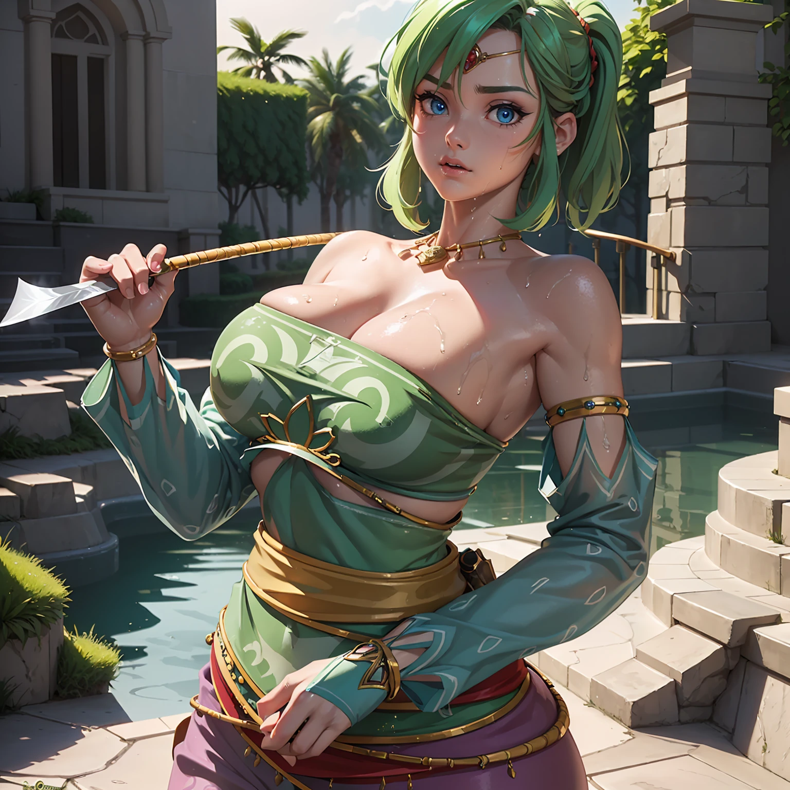 ((SUPREMELY FIRM ROUND BREASTS)), (((MOST OUTRAGEOUSLY GIGANTIC FAKE :1,2))), (strapless bra), Could you please draw a female version of Roronoa Zoro from One Piece? She should have Zoro's trademark green hair, but perhaps in a longer, more feminine style. Her eyes should be intense and focused, reflecting her determination. She should be physically fit and strong, showcasing her skills as a swordsman. Her outfit could be a feminine take on Zoro's traditional outfit, perhaps a fitted green top and black pants, with a sash tied around her waist. She should also have Zoro's three swords, maybe carried on her back or at her side. Her personality should come across as serious and disciplined, just like Zoro, (masterpiece, best quality:1.2),(8k,highres,RAW photo,realistic,photo-realistic:1.3),(detailed skin texture,detailed cloth texture,beautiful detailed face:1.25),professional lighting,photon mapping,beautiful soft light,radiosity,physically-based rendering,model shoot style, model shoot style, (extremely detailed CG unity 8k wallpaper), full shot body photo of the most beautiful artwork in the world, complex 3d render ultra detailed, looking at viewer, 18 yo, wet hair, real human skin, vibrant details, hyperrealistic, beautiful, octane render, an extremely delicate and beautiful, extremely detailed ,CG ,unity ,wallpaper,Amazing, finely detail,official art,extreme detailed eyes, (perfect face), shiny skin, colorful, highest detailed, vibrant colors, ultra high res, (high contrast), intricate, lens flare, cinematic effect, movie scene, documentary