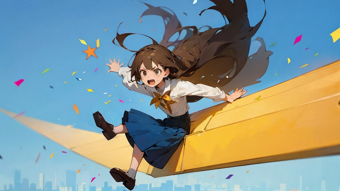 ((Highest quality)), ((masterpiece)), ((Very detailed)),Floatingする女の子,Angry expression,floating,Floating,Confetti,Brown Hair,tears,Levitating,Blue sky background,Feet in the air,tears,gravity,Long skirt,loafers,Raise both hands